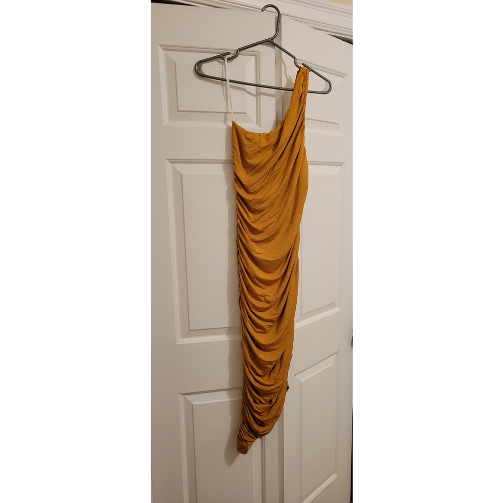 One Shoulder Ruched Mustard Dress